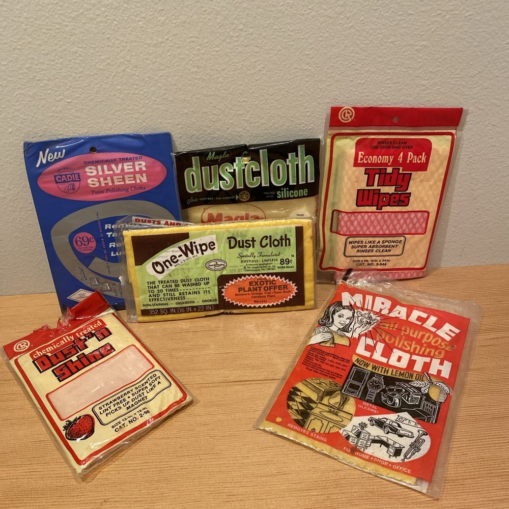 Lot of 6 Vintage NOS Dust‎ Cloths Polish Miracle Cloth Tidy Wipes Many Brands